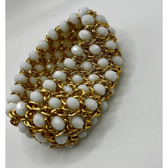 Gold Tone Mesh Stretchy Bracelet with Ivory Beads - Picture 3 of 4